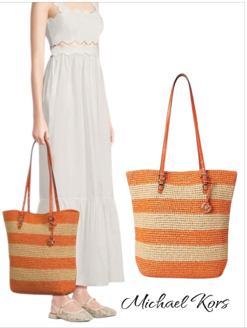 Michael Kors Quinn Large North South Woven Tote Orange Punch Straw Bag NWT